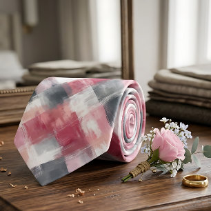 Gravata masculina xadrez abstrata rosa e cinza