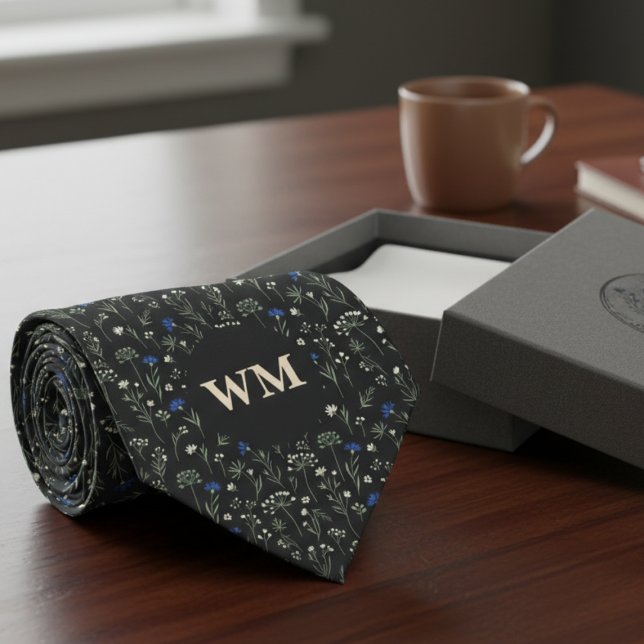 Gravata Meadow Floral Monogram – Groomsmen wedding (Monogram floral necktie)