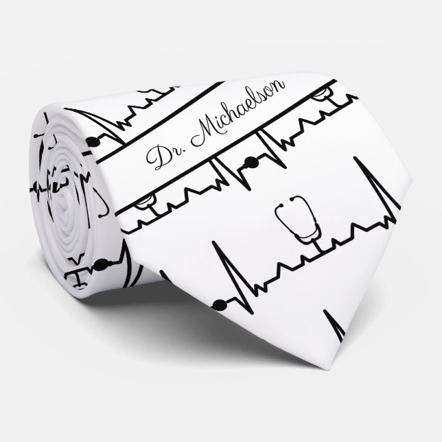 Gravata Médico Cardiograma Nome ECG Cardiologista (Rolled)