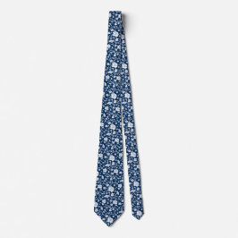 Gravata Meias com Estampa Floral Branca em Fundo Azul-Mari