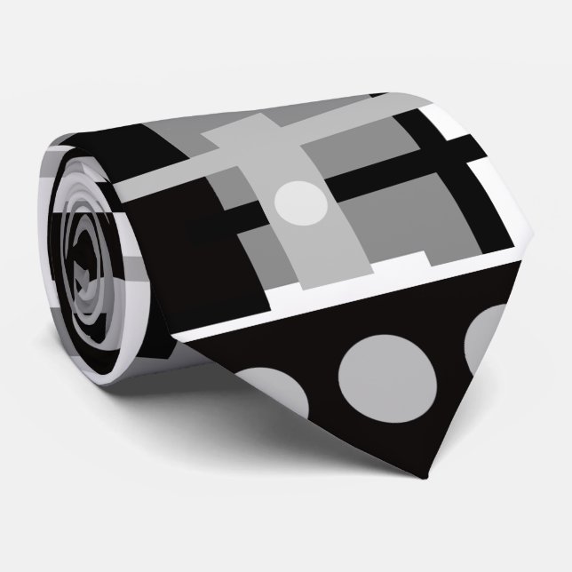 Gravata Meio século preto moderno, Abstrato branco Cinza (Rolled)