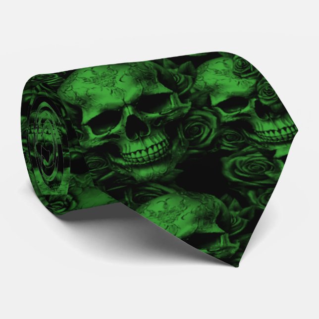 Gravata Memento Mori Skulls Green Tie (Rolled)