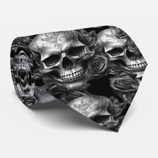 Gravata Memento Mori Skulls Silver Tie (Rolled)