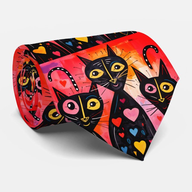 Gravata Men Designer Ties Cat Red Hearts (Rolled)