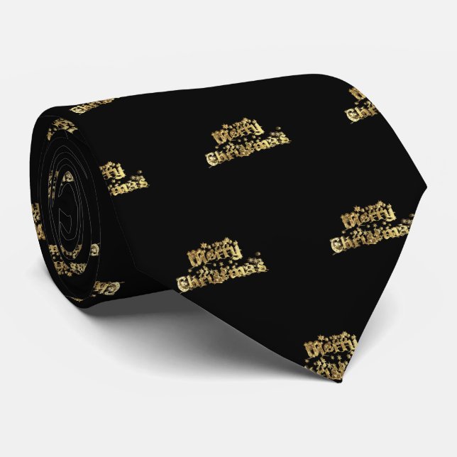 Gravata Merry Christmas Elegant Black Gold Star Typography (Rolled)