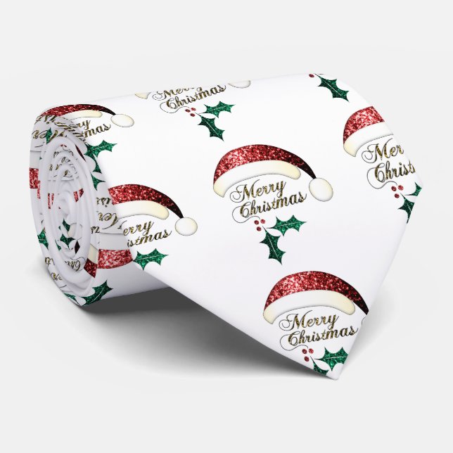 Gravata Merry Christmas Santa hat Red Gold Green Sparkles (Rolled)