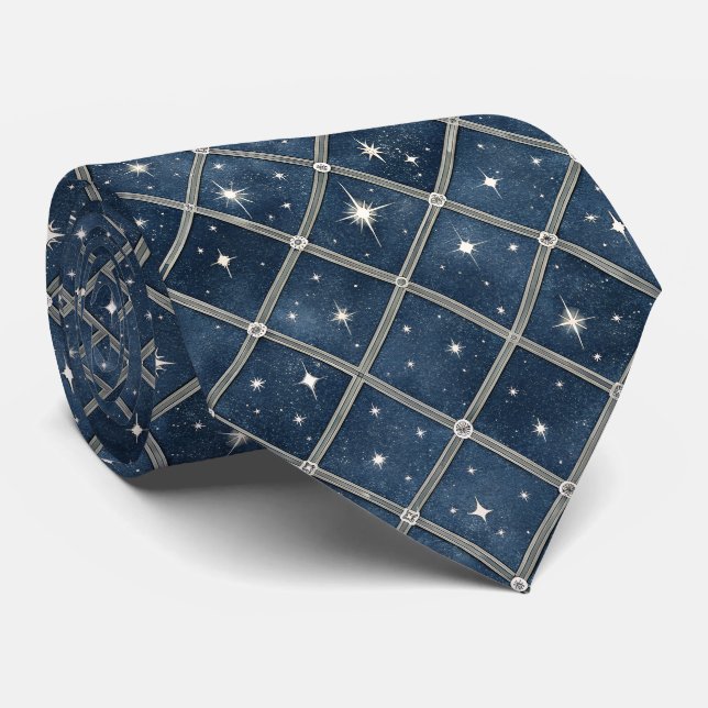 Gravata Midnight Blue Diamond Lattice - Starry Night (Rolled)