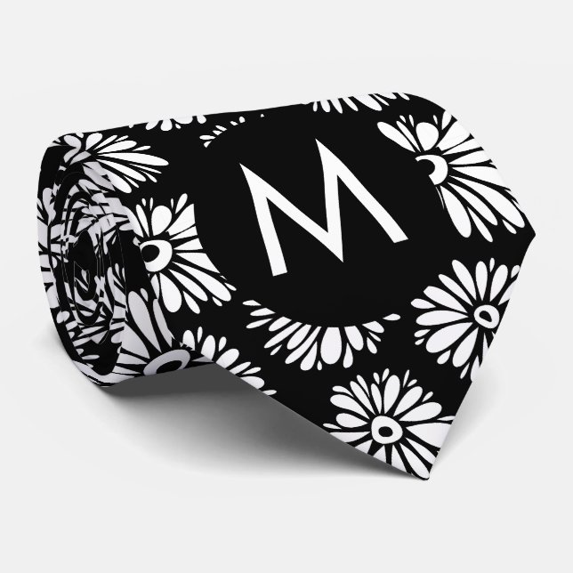 Gravata Minimalist Groovy Black and White Daisy Monogram (Rolled)