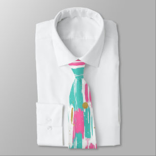Gravata Mint, Rosa, Branco E Dourado Traços De Abstrato
