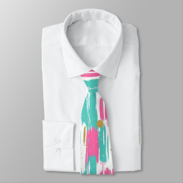 Gravata Mint, Rosa, Branco E Dourado Traços De Abstrato (Amarrado)
