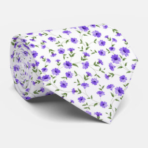Gravata Minúsculas Flores Roxas E Folhas Em Fundo Branco
