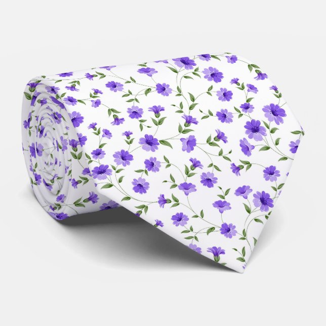 Gravata Minúsculas Flores Roxas E Folhas Em Fundo Branco (Rolled)