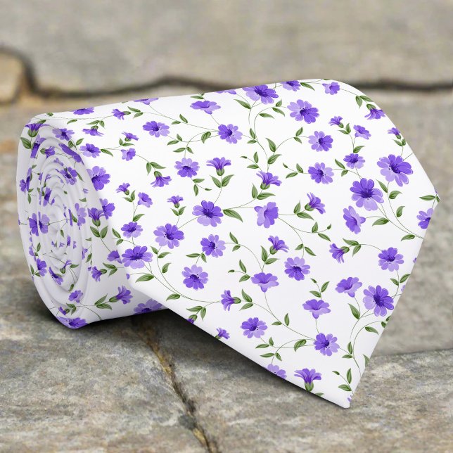 Gravata Minúsculas Flores Roxas E Folhas Em Fundo Branco (Criador carregado)