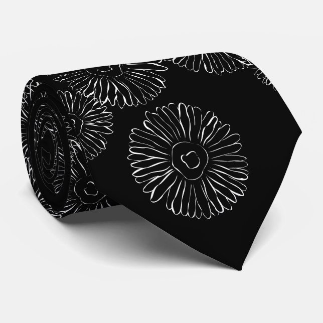 Gravata Modern Black and White Boho Chic Daisy Pattern  (Rolled)