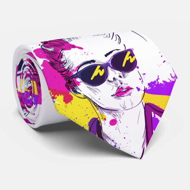 Gravata Modern Chic Colorful Hand Drawn Face (Rolled)