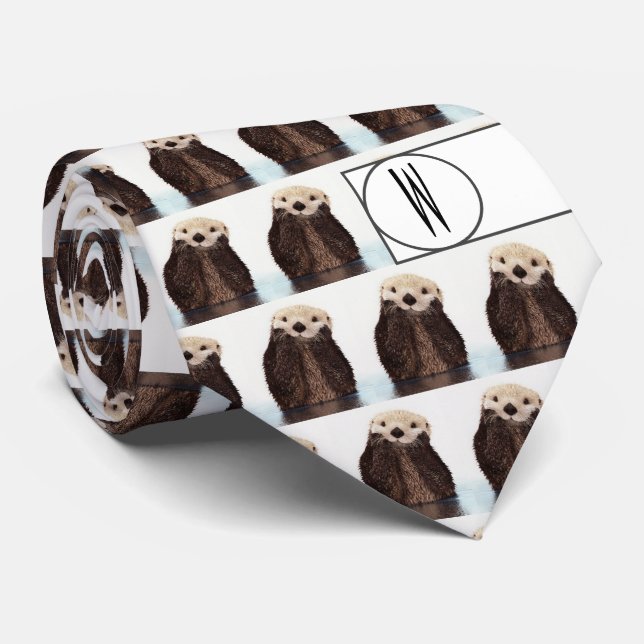 Gravata Modern Cute Otter Pattern Monograma Divertido (Rolled)