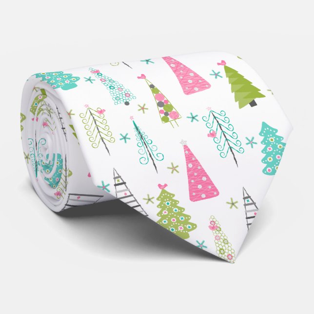 Gravata Modern Minimalist Christmas Tree Pattern Pink Teal (Rolled)