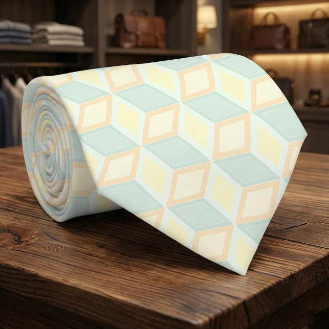 Gravata Modern Pastel Mint Green Peach Geometric 3D Cube (Criador carregado)