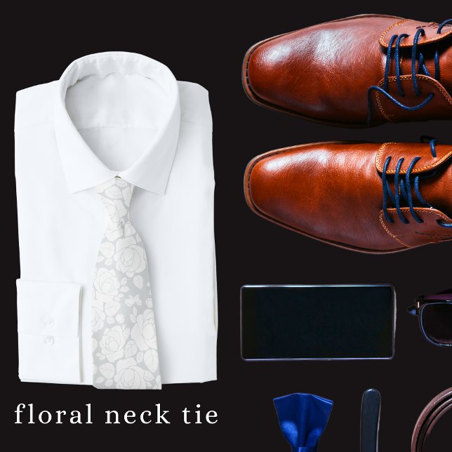 Gravata Moderna Flor de Rosa Cinza e Branco (Men's floral neck tie)