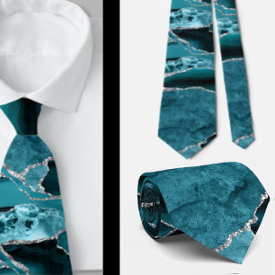 Gravata Moderno Abstrato Ágata Azul Teal Formal Prata