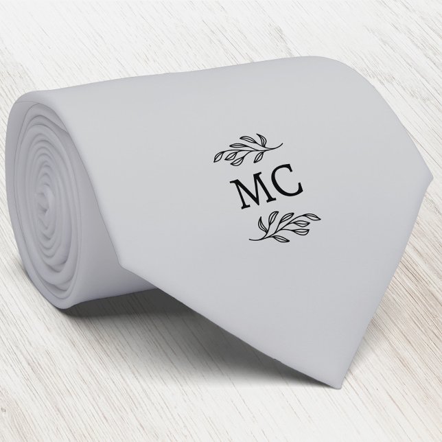 Gravata Monogram Initial Crest Botanical Leaf Silver Gray (Simple botanical leaf monogram initials personalized crest neck tie)