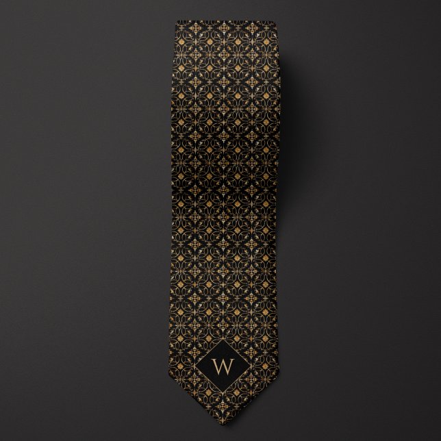 Gravata Monograma Árabe Elegante Dourado e Preto (Criador carregado)
