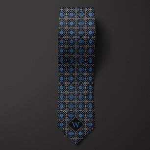 Gravata Monograma Árabe ornamentado Azul e Preto