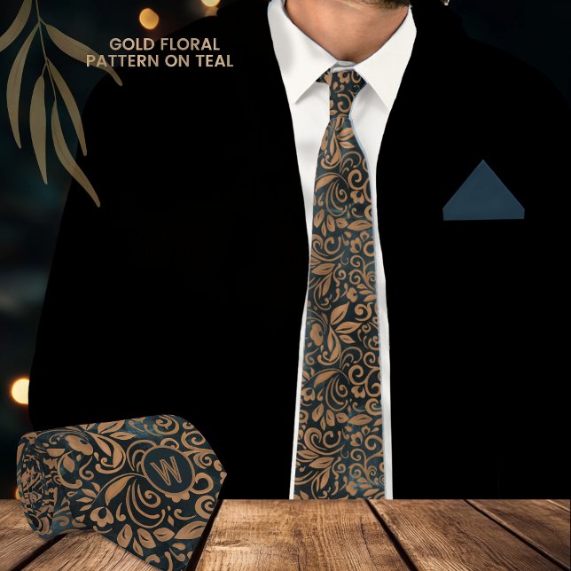 Gravata Monograma de Padrão Dourado Floral Moderno Teal (Modern Teal Gold Floral Pattern Monogram Neck Tie)
