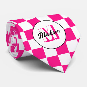Gravata Monograma do retrô branco rosa-quente dos quadrado