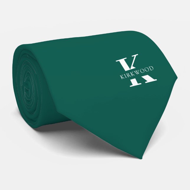 Gravata Monograma Elegante Verde Pine + Nome | Um lado (Rolled)
