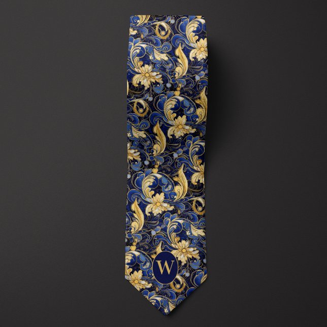 Gravata Monograma Floral Azul e Dourado (Criador carregado)