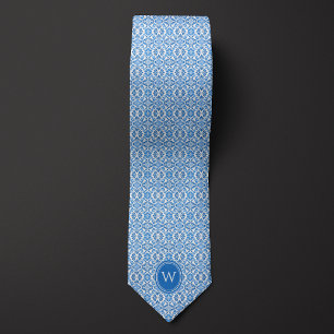 Gravata Monograma Floral Botânico em Batik Azul