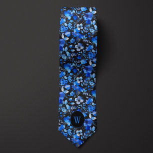 Gravata Monograma Floral de Cor Azul e Negra