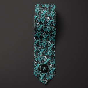 Gravata Monograma Floral de Cor Teal e Negra