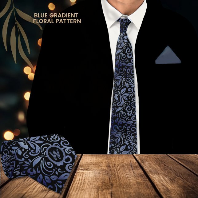 Gravata Monograma Floral de Gradiente Azul Preto Elegante (Elegant Black Blue Gradient Floral Monogram Neck Tie)