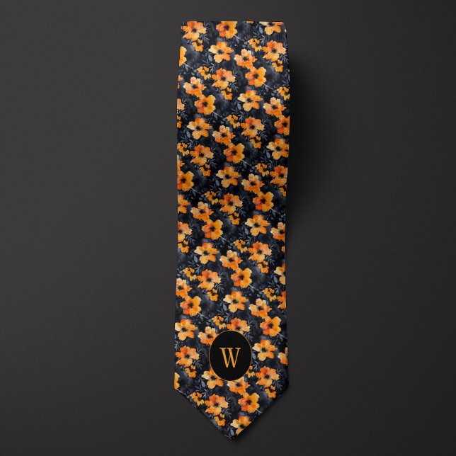 Gravata Monograma Floral de Pêssego e Aquarela Preta (Criador carregado)