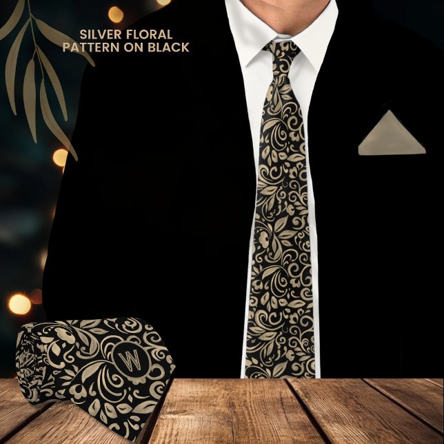 Gravata Monograma Floral Dourado de Platina Negra Elegante (Elegant Black Silver Floral Monogram Neck Tie)
