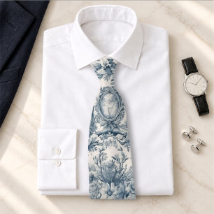 Gravata Monograma Floral Toile Azul Vintage
