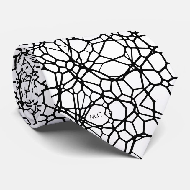 Gravata Monograma Geométrico em Branco Preto (Rolled)