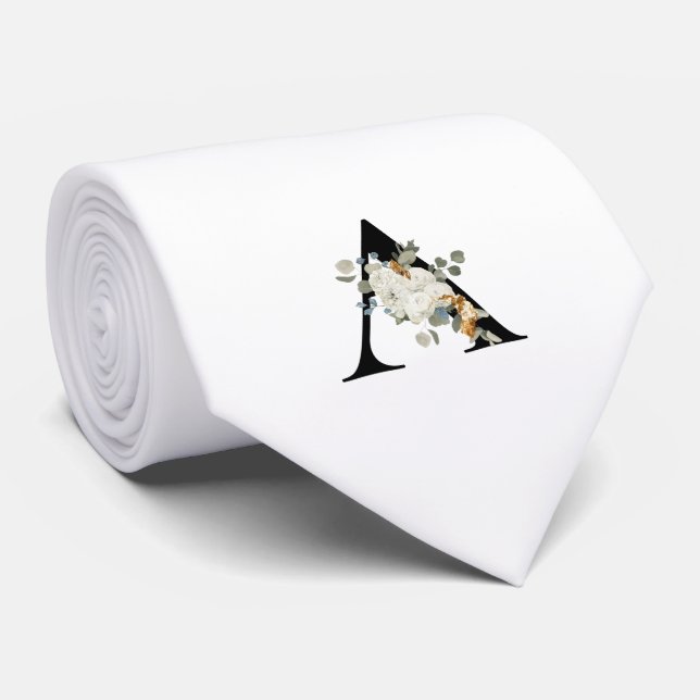 Gravata Monograma inicial A clássico com flores brancas (Rolled)