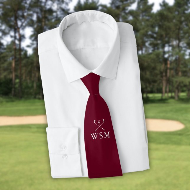 Gravata Monograma Personalizado Golfe Clubs Borgonha (Personalized Monogram Golf Clubs Burgundy Red Golf Neck Tie)