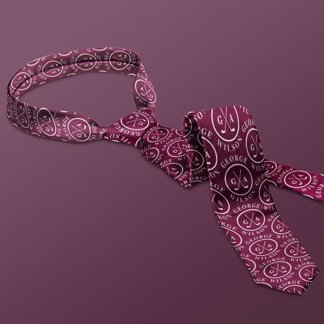 Gravata Monograma Personalizado Nome Burgundy Golf Ball (Criador carregado)