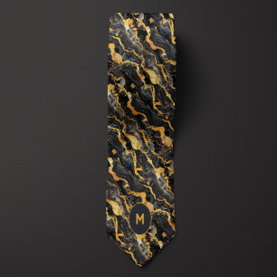 Gravata Monograma preto e Dourado marmoreado