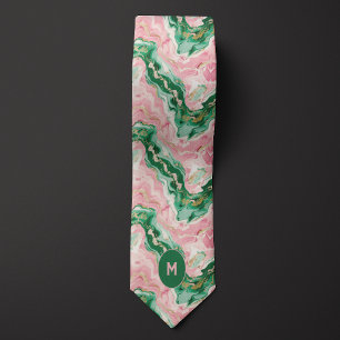 Gravata Monograma rosa e verde marmoreado