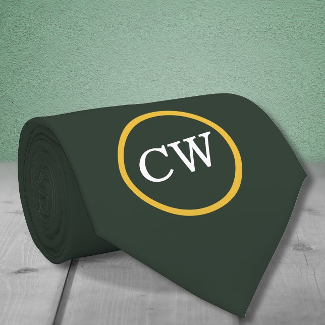 Gravata Monograma Verde na moda Dourado e Floresta (Stylish Gold & Forest Green Monogram Neck Tie)