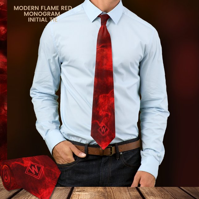 Gravata Monograma Vermelho com Chama Moderno Único Torneio (Unique Modern Flame Red Monogram Initial Neck Tie)