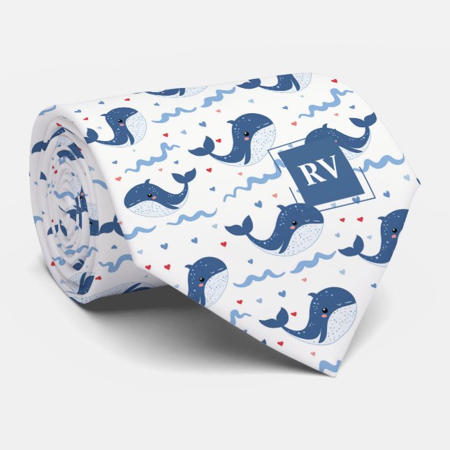 Gravata Monogrammed Smiling Whales & Waves (Rolled)