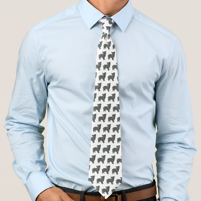 Gravata Morkie Dog Silhouette Yellow & Blue White Tie (Morkie white tie with grid abstract dog breed silhouette )