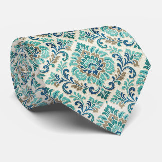 Gravata Motivo Floral Botânico em Damasco Verde Azul-Marin