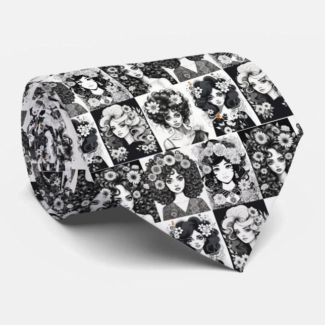 Gravata Mulheres Whimsical em Preto e Branco (Rolled)